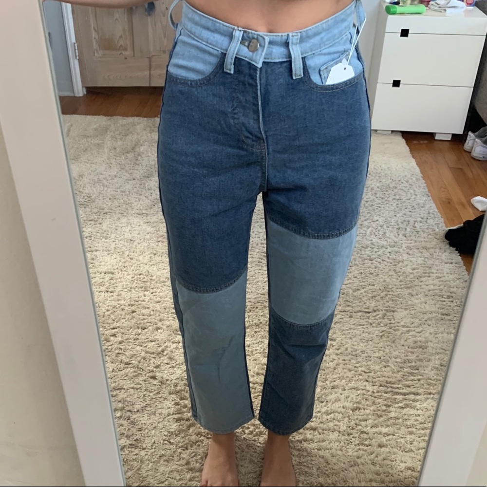 Blue denim patchwork jeans